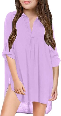 Girls Swimsuit Beach Cover up Shirt Bikini V-Neck Beachwear Bathing Suit Dress Kid Summer Short Sleeve Chiffon Top in Saudi Arabia