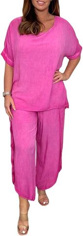 Womens Cotton Linen 2 Piece Sets Short Sleeve Loose High Low T Shirt Wide Leg Capri Pants Suit in Saudi Arabia