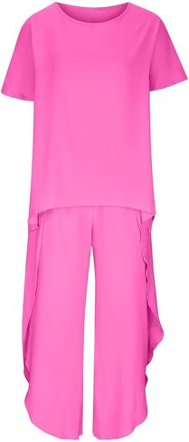 Womens Cotton Linen 2 Piece Sets Short Sleeve Loose High Low T Shirt Wide Leg Capri Pants Suit in Saudi Arabia