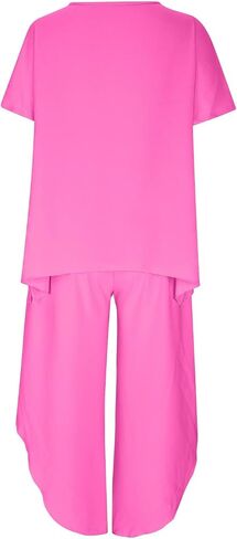 Womens Cotton Linen 2 Piece Sets Short Sleeve Loose High Low T Shirt Wide Leg Capri Pants Suit in Saudi Arabia