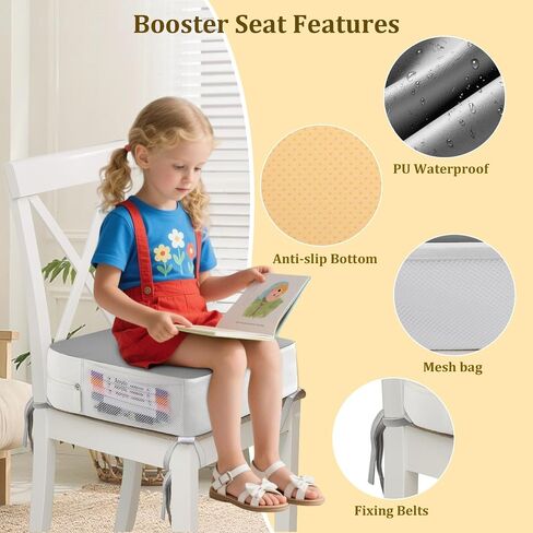 Booster Seat for Kitchen Chair & Dining Table, 3.8" Toddler Cushion with 4-Point Anchor Straps, Non-Slip Washable PU Cover, Side Pockets, Portable for Meals, Travel, Daycare in Saudi Arabia