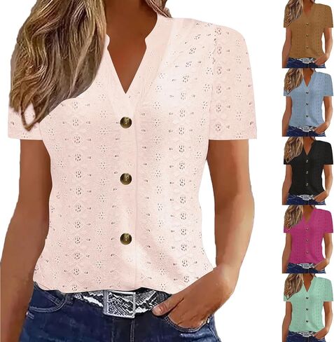 Hollow Out Eyelet Embroidery Tops Womens Short Sleeve V Neck Casual Dressy Button Down Shirts Blouses Soft Tees in Saudi Arabia