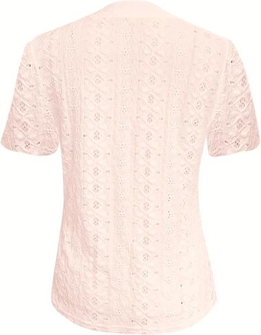 Hollow Out Eyelet Embroidery Tops Womens Short Sleeve V Neck Casual Dressy Button Down Shirts Blouses Soft Tees in Saudi Arabia