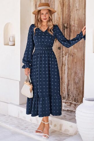 MASCOMODA Women Boho Maxi Dress 2023 Long Sleeve V Neck Swiss Dot Smocked High Waisted A-Line Ruffle Tiered Fall Long Dress in Kuwait