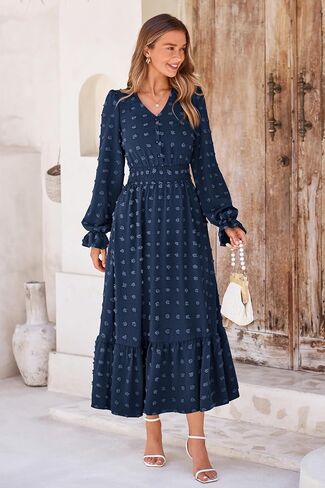 MASCOMODA Women Boho Maxi Dress 2023 Long Sleeve V Neck Swiss Dot Smocked High Waisted A-Line Ruffle Tiered Fall Long Dress in Kuwait