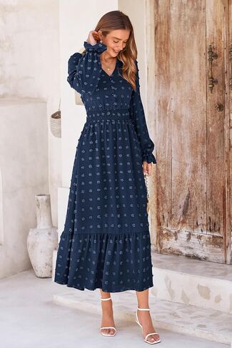 MASCOMODA Women Boho Maxi Dress 2023 Long Sleeve V Neck Swiss Dot Smocked High Waisted A-Line Ruffle Tiered Fall Long Dress in Kuwait