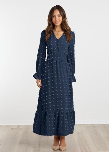 MASCOMODA Women Boho Maxi Dress 2023 Long Sleeve V Neck Swiss Dot Smocked High Waisted A-Line Ruffle Tiered Fall Long Dress in Kuwait
