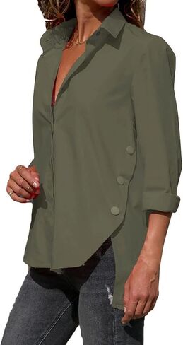 Womens Side Slit Buttons Irregular Shirts Long Sleeve V Neck Lapel Blouses Solid Color Loose Chiffon Shirt Tops in Saudi Arabia