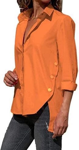 Womens Side Slit Buttons Irregular Shirts Long Sleeve V Neck Lapel Blouses Solid Color Loose Chiffon Shirt Tops in Saudi Arabia
