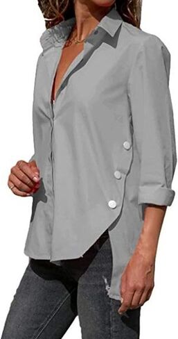 Womens Side Slit Buttons Irregular Shirts Long Sleeve V Neck Lapel Blouses Solid Color Loose Chiffon Shirt Tops in Saudi Arabia