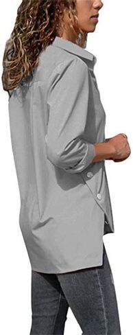 Womens Side Slit Buttons Irregular Shirts Long Sleeve V Neck Lapel Blouses Solid Color Loose Chiffon Shirt Tops in Saudi Arabia