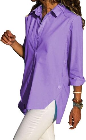 Womens Side Slit Buttons Irregular Shirts Long Sleeve V Neck Lapel Blouses Solid Color Loose Chiffon Shirt Tops in Saudi Arabia