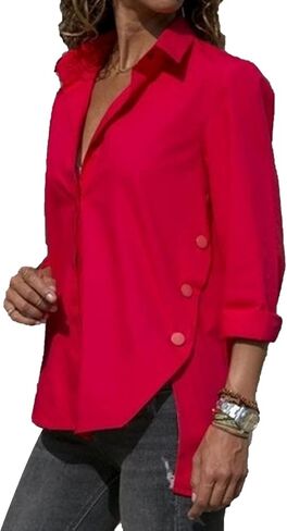 Womens Side Slit Buttons Irregular Shirts Long Sleeve V Neck Lapel Blouses Solid Color Loose Chiffon Shirt Tops in Saudi Arabia