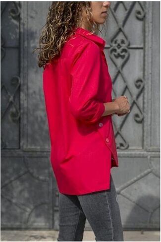 Womens Side Slit Buttons Irregular Shirts Long Sleeve V Neck Lapel Blouses Solid Color Loose Chiffon Shirt Tops in Saudi Arabia