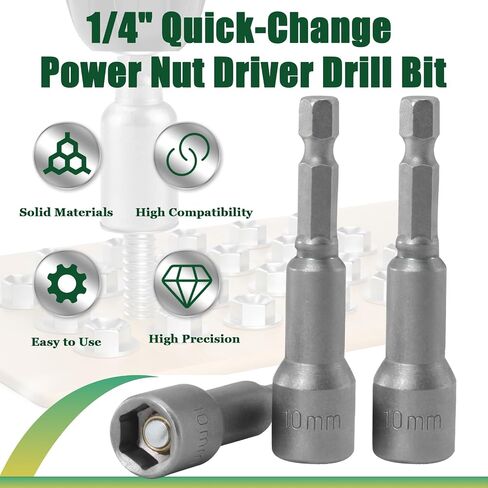 2 Pcs 1/4" Hex Shank 10mm Magnetic Nut Driver Bit - Quick-Change Nut Driver Bit for Power Drill Impact Drivers - 1.89" Length in Saudi Arabia