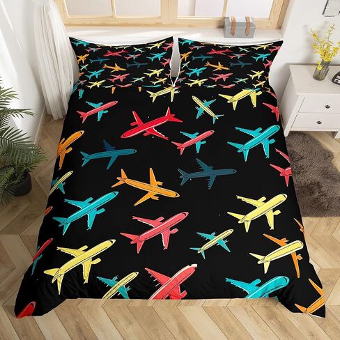 Colorful Aircraft Duvet Cover Toddler Size Cartoon Airplane Bedding Set 2pcs Cute Plane Silhouette Comforter Cover for Boys Room Decor Flying Aircrafts Quilt Cover,1 Pillowcase(Not Comforter) in Saudi Arabia