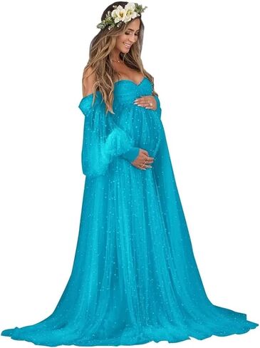 Pearl Tulle Maternity Dress for Photoshoot Long Puffy Sleeve Pregnancy Gowns Off Shoulder Baby Shower Dress in Saudi Arabia