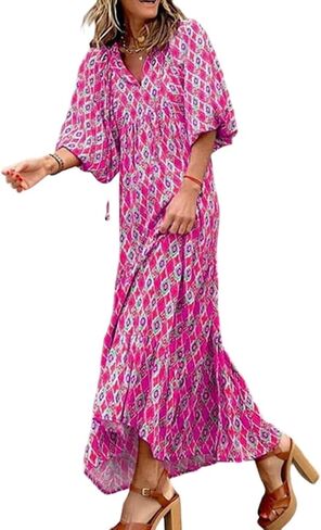 Boho Maxi Dresses for Women 2025 Loose Fit Puff Sleeve Long Bohemian Dress Geometric Pattern Tiered Flowy Dress in Saudi Arabia