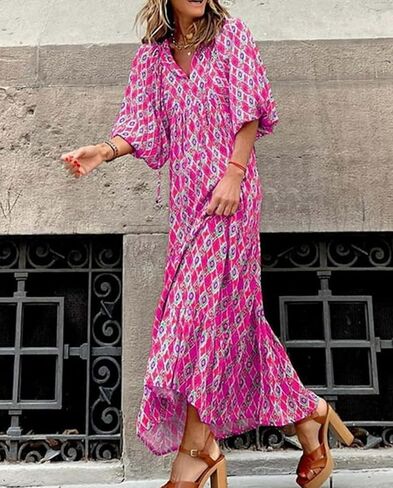 Boho Maxi Dresses for Women 2025 Loose Fit Puff Sleeve Long Bohemian Dress Geometric Pattern Tiered Flowy Dress in Saudi Arabia