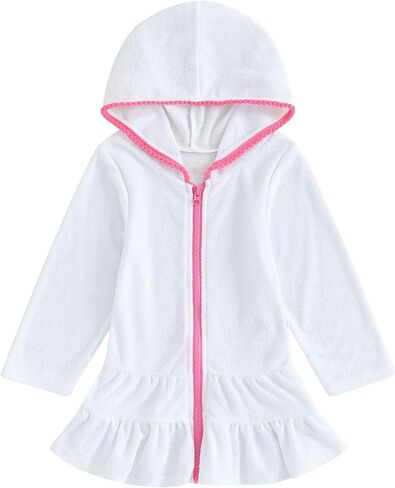 Toddler Girl Long Sleeve Swimsuit Beach Dress Cute Cover Ups Ruffle Bathing Suit Terry Zip-Up Beach Swimwear in Kuwait