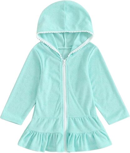 Toddler Girl Long Sleeve Swimsuit Beach Dress Cute Cover Ups Ruffle Bathing Suit Terry Zip-Up Beach Swimwear in Kuwait