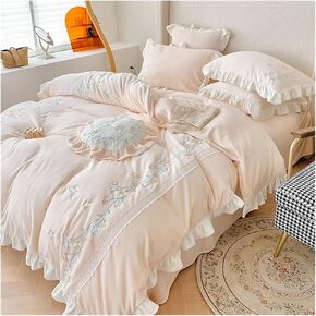 Bed Four Pieces Set Thickened Autumn and Winter Milk Fiber Embroidery Four-Piece Set Garden Quilt Cover Korean Version of Warm Bedding(2.0M220X240CM4SET)