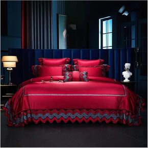 Bed Four Pieces Set Luxury High Precision Satin Brocade and Egyptian Cotton Bedding Set Lace Edge Quilt Cover Set Bed Sheet Pillow Sham(A,Flat Bed Sheet-Queen 4PCS)