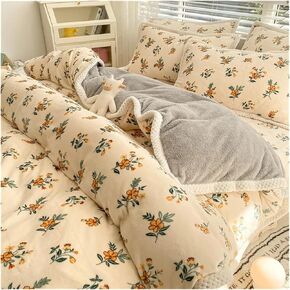 Bed Sheet Quilt Cover Set Fleece Fabric Warm Winter Pillowcase Four-Piece Bedding Set Home Textiles Floral Print Bed Four Pieces Set(B)