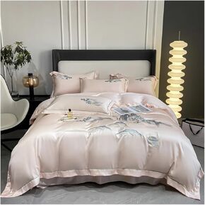 Bed Four Pieces Set Chinese Style Landscape Embroidery Luxury Bedding Set Smooth Duvet Cover Set Soft Quilt Cover Bed Sheet Set Pillowcases(Blue,Flat-King Size 4PCS)