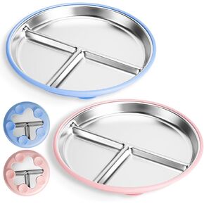 Stainless Steel Kids Plates (2 Pack) 9 Inch Toddler Divided Plates Bowls with ﻿Removable Silicone Sleeves & 5 Suction Cups Baby Self Feeding, Dishwasher Safe