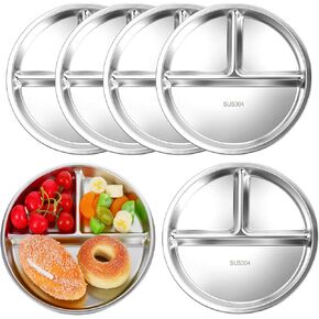 6 Pack Stainless Steel Kids Plates Round Divided Plates 3 Sections Diet Control Dinner Tray Compact Food Serving Tray 9 Inch Unbreakable Platter Metal Dish for Adults Picky Eaters Campers Lunch Snack