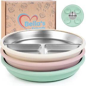 Bella's Friends Stainless Steel Kids Plates 8" Suction Plate for Baby,3 Packs Non-Toxic Divided Toddler Plates,Food-Grade Silicone Plate for Baby,Dishwasher Safe,beige,pink,green