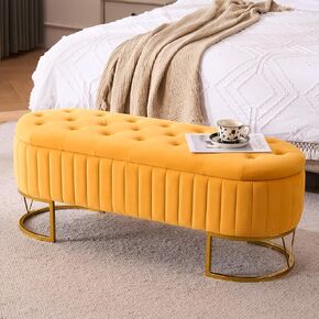 Modern Storage Ottoman Bedroom Bench, 46" End of Bed Bench with Gold Metal Legs, Upholstered Footrest Stool for Dining, Living Room, Entryway and Hallway, Black