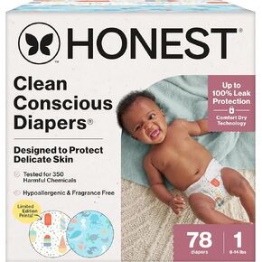 The Honest Company Clean Conscious Diapers for Sensitive Skin | Up to 100% Leakproof | Hypoallergenic, Fragrance Free | Summer '25 Limited Edition Prints | Club Box, Size 3 (16-28 lbs), 62 Count