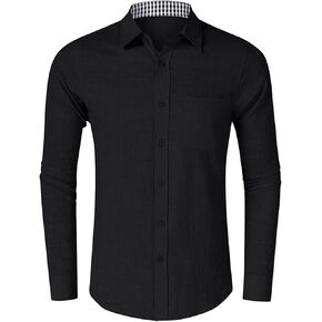 Men Lightweight Casual Plaid Dress Shirt Stylish Solid Button Down Shirts Patchwork Slim Fit Long Sleeve Shirts