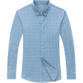 Men Casual Striped Dress Shirt Plaid Lightweight Button Down Business Shirts Patchwork Slim Long Sleeve Shirt