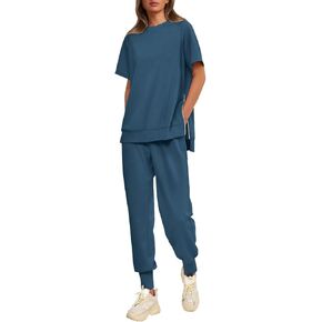 2 Piece Outfits Women 2025 Summer Trendy Crewneck Short Sleeve Tops Long Sweatpant Casual Tracksuit Jogger Lounge Sets