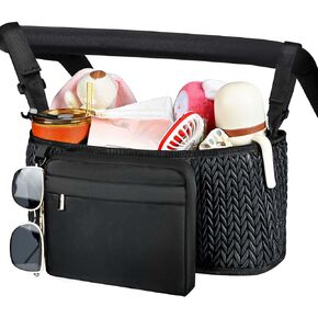 Stroller Organizer Caddy with Insulated Cup Holder, Stroller Accessories Storage Bag with Detachable Wrist Bag, Universal Fits for Uppababy, Doona, Jogger, Britax, Mompush, Bob (Black)