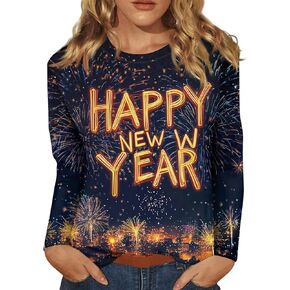 New Years Eve Outfits Women,Women's Casual Long Sleeve Round Neck 2025 New Year Printed Graphic Festival Outfits