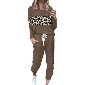 Women's 2 Piece Tracksuit Outfits Long Sleeve Crew Neck Sweatshirt and Jogger Pants Sweatpants Leopard Patchwork Set