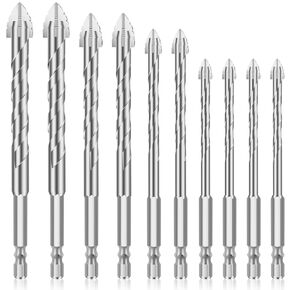 SUNJOYCO 10PCS Serrated Eccentric Drill Bits, 1/4in Masonry Drill Bit Set for Glass Tile Brick Cement Concrete Wood, 6/8/10/12mm