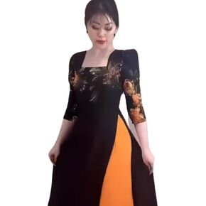 Vietnamese Ao Dai. Plain Ao Dai, Square Neck, Puff Sleeves, Japanese Silk Material. Ao Dai and Pants Set