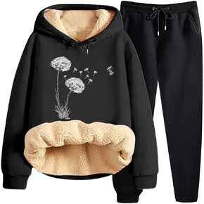 Women's Winter 2 Piece Outfits Sherpa Fleece Lined Sweatsuits Sunflower Printed Hoodie and Jogger Sweatpants Sets