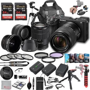 Sony a6700 Mirrorless Camera with 18-135mm Lens, 128GB Extreem Speed Memory,.43 Wide Angle & 2X Lenses, Case,Tripod, Filters, Hood, Grip,Spare Battery & Charger,Editing Software Kit -Deluxe Bundle