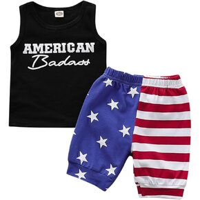 4th of July Baby Toddler Boy Outfit Sleeveless Letter Print Vest Top American Flag Elastic Shorts Set Summer