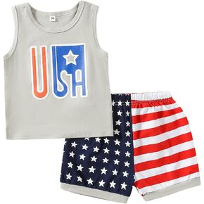 4th of July Baby Toddler Boy Outfit Cotton Sleeveless USA Print Vest Top Elastic American Flag Shorts Set Summer Clothes Grey