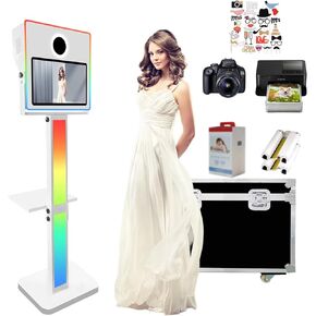 Portable Selfie Photo Booth 15.6inch Touch Screen DSLR Photobooth Machine with Flight Case & RGB Light for Wedding Party (White + Photo Booth)