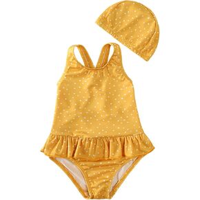 DEFAHN Toddler Swimsuit Girl One-Piece Swimwear Girl Ruffled Bathing Suits with Hat 9 Month-6Y