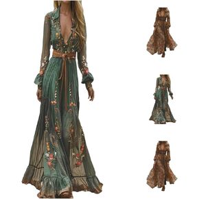 Womens Vintage Pastoral Flower Long Dress Sexy V-Neck Long Sleeve Western Dress Fall Country Maxi Chiffon Flowy Dresses