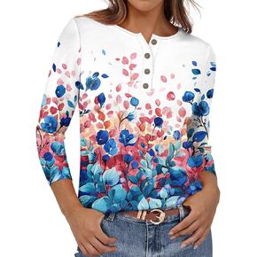 3/4 Length Sleeve Womens Tops Printed Trendy Pullover Button Down T Shirt Plus Size Tees Comfy Going Out Tunics